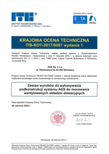 FIRMA AGS uzyskała Krajową Ocenę Techniczną ITB FIRMA AGS uzyskała Krajową Ocenę Techniczną ITB