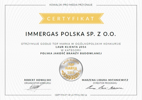 PRESTIŻOWY LAUR KLIENTA DLA IMMERGAS POLSKA / zdjęcie nr: 2 PRESTIŻOWY LAUR KLIENTA DLA IMMERGAS POLSKA / zdjęcie nr: 2