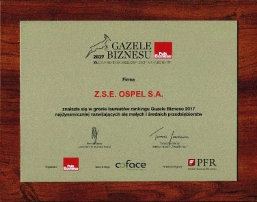 Ospel z nagrodą Gazela Biznesu 2017 Ospel z nagrodą Gazela Biznesu 2017
