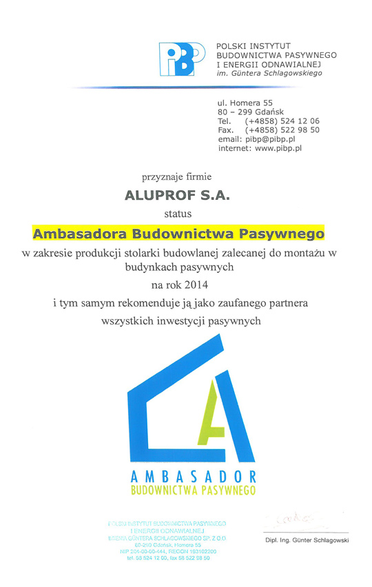 Aluprof Ambasadorem Budownictwa Pasywnego Aluprof Ambasadorem Budownictwa Pasywnego