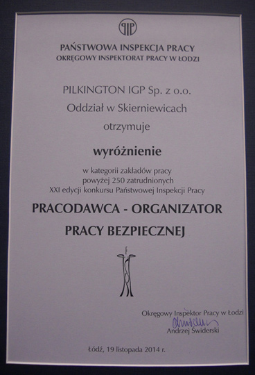 Pilkington IGP wyróżniony za bezpieczeństwo pracy Pilkington IGP wyróżniony za bezpieczeństwo pracy
