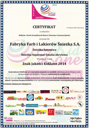 Znak Jakości KidZone 2014 dla produktów Śnieżka SA Znak Jakości KidZone 2014 dla produktów Śnieżka SA
