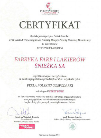 Śnieżka ponownie z tytułem „Perła Polskiej Gospodarki” Śnieżka ponownie z tytułem „Perła Polskiej Gospodarki”