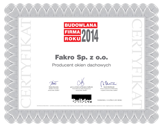 FAKRO nagrodzone tytułem Budowlanej Firmy Roku 2014 FAKRO nagrodzone tytułem Budowlanej Firmy Roku 2014