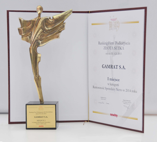 GAMRAT SA na najwyższym podium w kategorii Rentowność Sprzedaży Netto w 2014 roku GAMRAT SA na najwyższym podium w kategorii Rentowność Sprzedaży Netto w 2014 roku