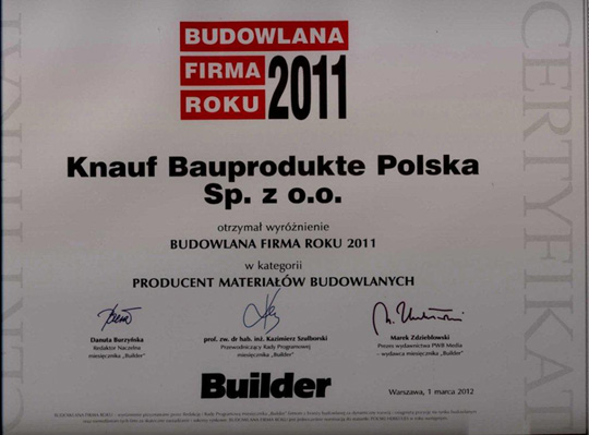 LAURY BUILDERA 2011 dla Knauf Bauprodukte oraz Dyrektora Zarządzającego Andrzeja Ferugi LAURY BUILDERA 2011 dla Knauf Bauprodukte oraz Dyrektora Zarządzającego Andrzeja Ferugi