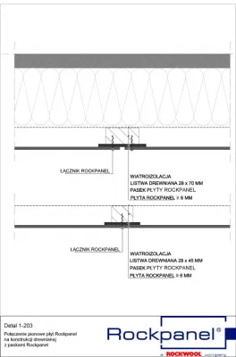 Połączenie pionowe płyt Rockpanel na konstrukcji drewnianej z paskami Rockpanel - detal 1-203