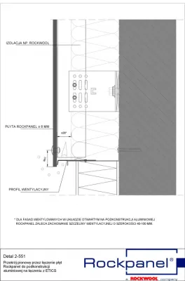 Przekrój pionowy przez łączenie płyt Rockpanel do podkonstrukcji aluminiowej na łączeniu z ETICS detal 2-551