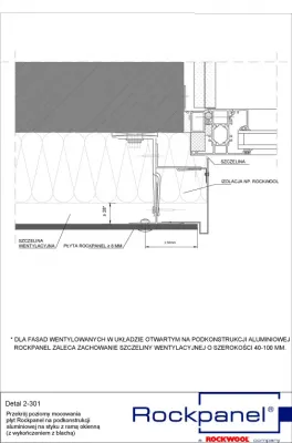 Przekrój płyt ROCKPANEL mocowanych do konstrukcji aluminiowej na styku z ramą okienną ( z wykończeniem z blachą) - Detal