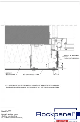 Przekrój poziomy przez obróbkę ościeża okna na podkonstrukcji aluminiowej detal 2-300