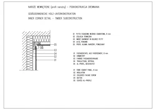Naroże wewnętrzne budynku (profil narożny) na podkonstrukcji drewnianej