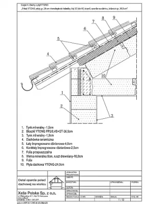 Połać YTONG, płyty gr. 24 cm, równoległe do kalenicy, kąt 30 (do 40) stopni, oparcie na wieńcu, ściana o gr. 36,5 cm